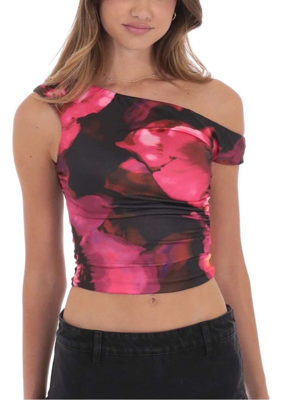 Lucy in the Sky Hot Pink and Black Floral Tank Top, Off Shoulder